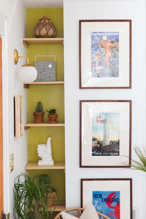 Boho Mod Glam Entryway - One Room Challenge - THE REVEAL!! » Jessica Brigham Jessica Brigham, Glam Entryway, Kids Gallery Wall, Custom Dining Room, Diy Bookshelf, Marble Top Side Table, Hanging Terrarium, Palm Leaf Wallpaper, Small Bookshelf