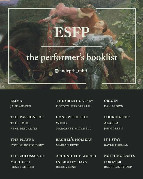 ESFP Booklist Esfp Booklist, Intp Personality Booklist, Isfp Booklist, Entp Booklist, Mbti Booklist, Infj Booklist, Esfp Aesthetic, Rene Descartes, Myers Briggs Type