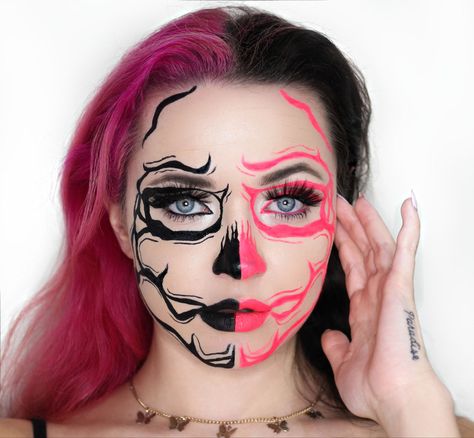 Pink and black 
Pink skull 
Skull makeup 
Skull makeup ideas 
Halloween skull makeup 
Halloween makeup 
Creative makeup idea 
Pink and black skull
Easy skull makeup 
Colorful skull makeup Pink Minimalist, Makeup Idea, Skull Makeup, Black And Pink, Creative Makeup, Pink And Black, Neon Pink, Halloween Face, Face Makeup