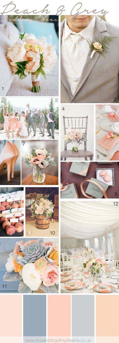 Boda Bridal Party Color Schemes, Peach Color Schemes, Wedding Color Schemes Summer, Choosing Wedding Colors, Wedding Color Schemes Spring, Bridal Parties Colors, Wedding Themes Spring, Grey Suits, Best Wedding Colors