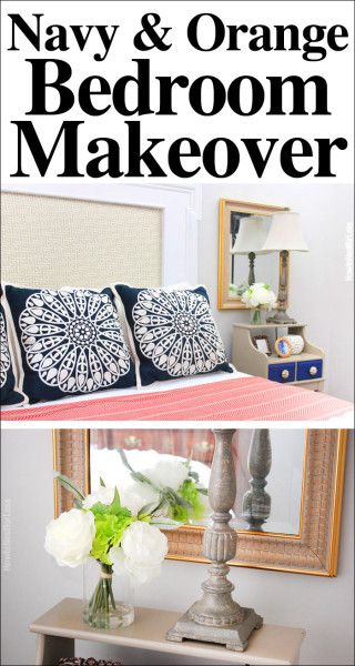 Navy and Orange Guest Bedroom Makeover, including a DIY headboard made from an old fireplace mantel! Orange Guest Bedroom, Navy Orange Bedroom, Guest Room Ideas, Guest Bedroom Makeover, Bedroom Makeovers, Orange Bedding, Navy And Orange, Bedroom Orange, Bedroom Decor Inspiration