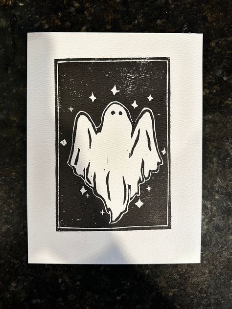 just a handmade happy lil ghost piece, printed on watercolor paper with water based ink. Print is 6x8. Ghost Stamp Tattoo, Halloween Block Print, Halloween Lino Print, Beginner Linocut, Ghost Linocut, Printmaking Aesthetic, Block Print Ideas, Halloween Linocut, Printmaking Designs