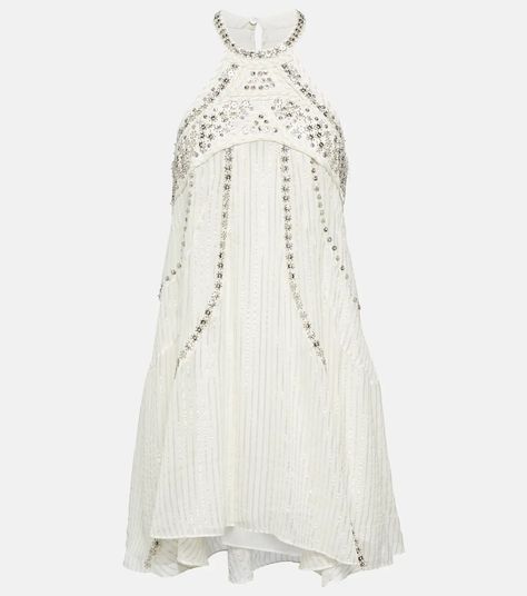 Orfra Embellished Silk Blend Minidress in White - Isabel Marant | Mytheresa Isabel Marant Dress, Halter Neckline, White Tops, Isabel Marant, Cotton Material, Color Design, Care Instructions, Short Dresses, White Dress