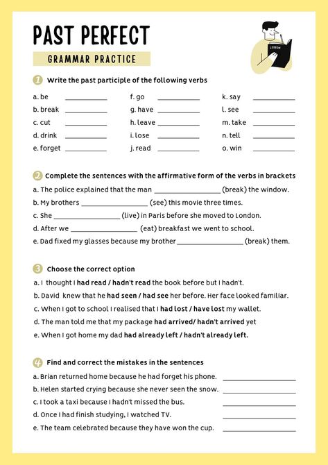 Free pdf Past Perfect Tense Worksheets, Past Perfect Worksheets, Past Perfect Tense, Past Tense Worksheet, English Grammar Test, English Grammar Exercises, Study English Language, Past Simple, English Teaching Materials