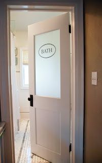 Rambling Renovators: renovation Frosted Bathroom Door, Frosted Glass Bathroom Door, Glass Office Doors, Bathroom Door Ideas, Glass Bathroom Door, Vintage Modern Bathroom, Vintage Pantry, Glass Pantry Door, Laundry Room Doors