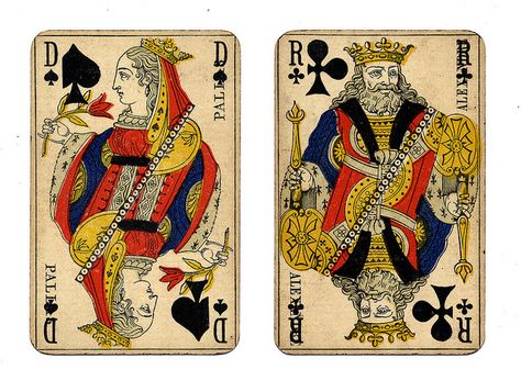 Vintage French playing cards. The queen (dame) of spades is associated with Pallas. The King (roi) of clubs is associated with Alexander the Great. From William Creswell on flickr. Pack Of Playing Cards, Kartu Remi, Chinese Prints, Fortune Telling Cards, Ace Card, The Hanged Man, Playing Cards Design, Vintage Playing Cards, Playing Card Deck