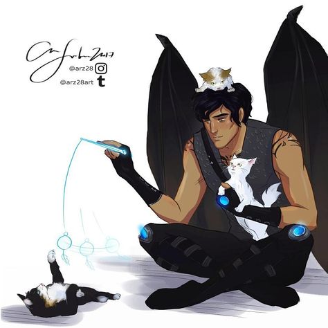 arz28art: Azriel playing with cats and using his siphons to create toys for them.  (For an art trade with @raconteurwitch ) Charlie Bowater, Sarah Maas, Acotar Funny, Sara J Maas, Roses Book, Feyre And Rhysand, Empire Of Storms, Bat Boys, A Court Of Wings And Ruin