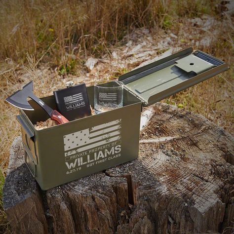 They put it all on the line in order to protect our freedoms. Give back with a present designed with the military in mind with our tactical hatchet and bullet box military gift set. Customized to match with a military motif, this ammunition box comes packed with all manner of useful product. From the sturdy whiskey glass and the covert hip flask, to the equally stealthy black tactical hatchet, this bullet box gift set is the ultimate all-in-one adventure pack for that military member in your lif Best Groomsmen Gifts, Liquor Gifts, Groomsmen Gifts Unique, Groomsmen Gift Set, Man Gifts, Wedding Gift Set, Army Gifts, Whiskey Gifts, Boyfriend Diy