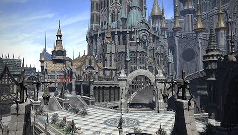 They're Taking Adventurers to Ishgard | FINAL FANTASY XIV: Developers’ Blog Castle Plans, Victorian House Plans, Final Fantasy Xiv, City State, Monster Hunter, Victorian Homes, Mythical Creatures, Final Fantasy, Night Time