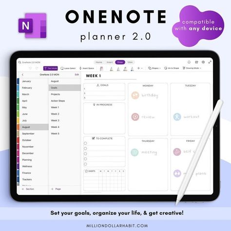 Onenote Digital Planner, Undated Onenote Plan Onenote Digital Planner, Onenote Planner, Onenote Template, Meeting Planning, One Note, Weekly Planner Template, Notes Planner, Sunday Monday, Planner Pdf