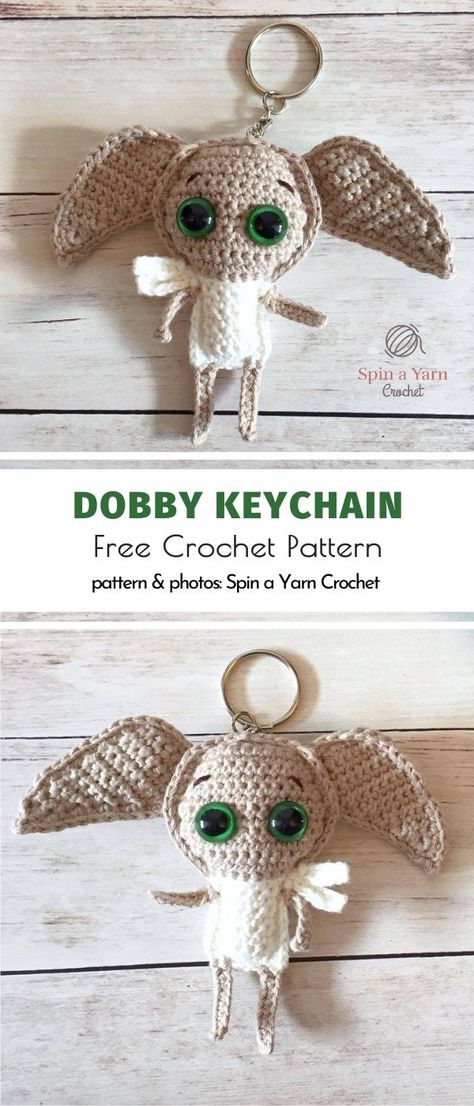 Cute and Easy Amigurumi Keychains. This keychain is going to be a dream come true for all the crochet-loving Harry Potter's fans. You must remember Dobby the House Elf, right? Make your own handmade elves and attach them to your keys and bags to add a bit of magic to your days.  #freecrochetpattern #amigurumi #keychain Crochet Harry Potter, Dobby The House Elf, Harry Potter Keychain, Harry Potter Christmas Ornaments, Harry Potter Crochet, Easy Amigurumi, Crochet Christmas Ornaments, Quick Crochet, Crochet Motifs