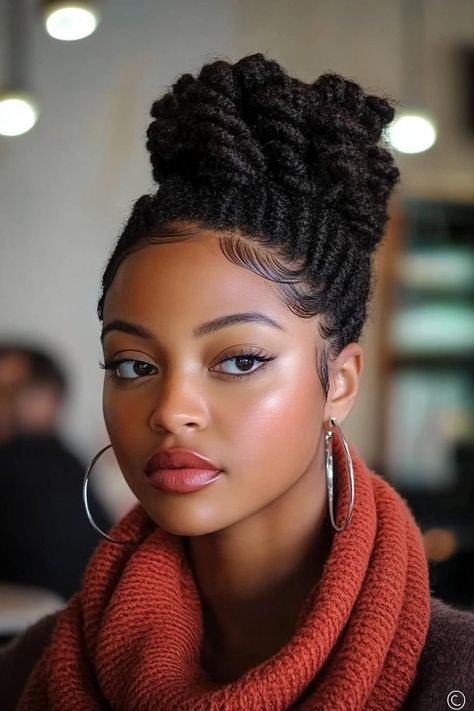 winter hairstyles, black beauty, cozy hairstyles Winter Hairstyles For Black Women, Twisted Braids, Radiant Black, Half Up Bun, Warm Highlights, Hair Twists, Wavy Bob Haircuts, Thick Braid, Sleek Updo