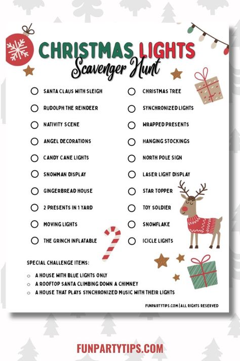 Light up your holiday fun! This Christmas Lights Scavenger Hunt is perfect for families who love exploring festive displays. Download the free printables and start your merry adventure today! Christmas Light Scavenger Hunt Free, Christmas Scavenger Hunt Around Town, Christmas Outdoor Scavenger Hunt, Christmas Light Scavenger Hunt Printable, Christmas Scavenger Hunt For Adults, Christmas Lights Scavenger Hunt, Christmas Party Games For Groups, Christmas Light Scavenger Hunt, Christmas Gift Exchange Games