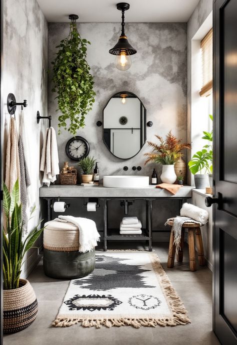 Boho Bathroom Ideas Grey Boho Bathroom Ideas, Gray Boho Bathroom, Grey Boho Bathroom, Dark Boho Bathroom, Boho Modern Bathroom, Industrial Boho Decor, Bohemian Style Bathroom, Boho Loft, Tranquil Bathroom