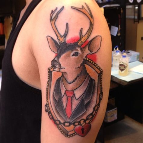 Mounted deer head in a suit & tie Moose Tattoo Traditional, Traditional Buck Tattoo, Traditional Elk Tattoo, Bean Tattoo, Buck Tattoo, Tattoo Deer, Scottish Tattoo, Moose Tattoo, Deer Tattoo Designs