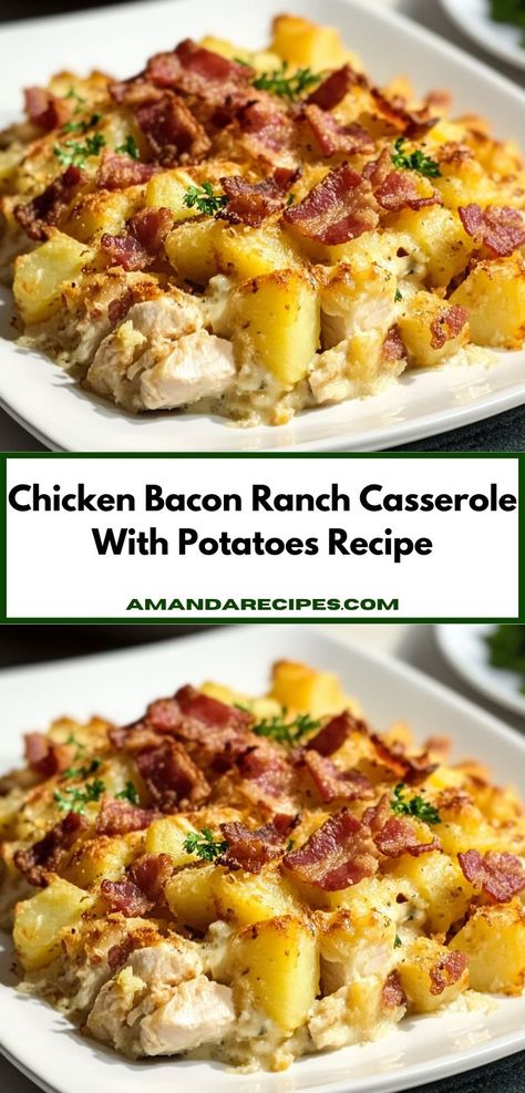 Discover the ultimate flavor explosion in this Chicken Bacon Ranch Casserole. With tender potatoes and a zesty ranch dressing, it’s a perfect dish to impress guests or enjoy during family dinners. Chicken Bacon Ranch Potato Bake, Casserole Recipes With Ground Beef, Quick Casserole, Casserole With Potatoes, Quick Casserole Recipes, Potatoes Loaded, Bacon Ranch Casserole, Casserole Recipes For Dinner, Casseroles Recipes