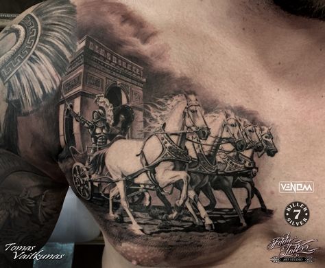 http://tomasvaitkunas.com/ #gladiator #tattoo Battle Tattoo, Gladiator Battle, Tattoo Men Ideas, Calf Sleeve Tattoo, Roman Tattoo, Gladiator Tattoo, Horse Tattoo Design, Spartan Tattoo, Armor Tattoo