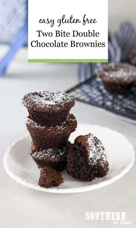 Easy Two Bite Double Chocolate Brownies (Gluten Free!) Gluten Free Small Bites, Gluten Free Mini Desserts, No Bake Brownie Bites 3 Ingredients, 2 Bite Brownie Recipe, Gluten Free Brownies Without Chocolate Chips, Mini Muffin Brownies, Mini Brownie Bites With Frosting, Gluten Free Brownie Bites, Double Chocolate Muffins Gluten Free