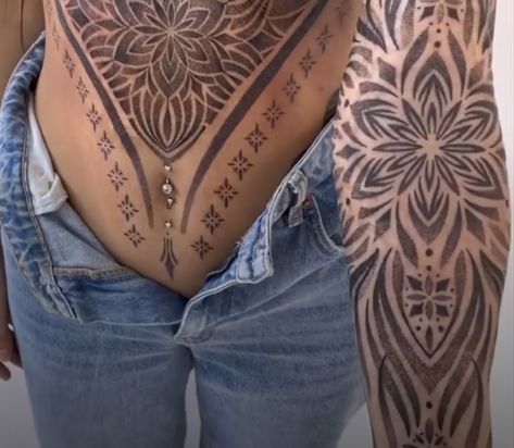 Geometric Stomach Tattoos Women, Women’s Tattoos On Stomach, Ab Tattoos For Women, Mandala Stomach Tattoo, Ornamental Stomach Tattoo, Full Stomach Tattoo Woman, Women Stomach Tattoos, Belly Button Tattoos, Lower Stomach Tattoos