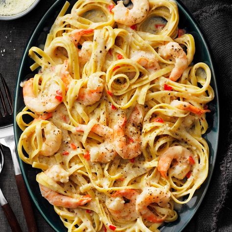 I make this spicy shrimp pasta a lot because it's a something my family never seems to get tired of. The sauce is so fast to make I can get it done while the fettuccine is cooking. In the past, I have added red peppers and spinach, but who's to say you could not add mushrooms or more or less spice. —Stephanie Beluk, Sharpsburg, Georgia Fetuchini Alfredo, Spicy Shrimp Pasta, Shrimp Fettuccine Alfredo, Fettuccine Recipes, Recipes Spicy, Shrimp Fettuccine, Pasta Alfredo, Fettuccine Alfredo Recipes, Shrimp Alfredo