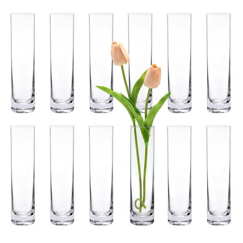 PRICES MAY VARY. 【Cylinder Vases Set】: You get 12 pc glass vases, cylinde shape with minimalism aesthetic design,make flower arrangement fun and easy. The surface look very textured and bright.Size:4.5*19cm/1.8*7.5 inch（Diameter*Height） 【Handmade Stable Vases】: These bud vases for flowers are made of crystal glass through hand-blown process. weighted base ensure durability and stability.The glass bottle mouth is smooth and has a more sophisticated feel. 【Cute Clear Vase】:Suitable for filling 1-2 Cylinder Vase And String Lights, Martini Vase Centerpieces, Clear Plastic Vases, Glass Vase With Single Rose, Clear Table Vase, Centerpieces Using Cylinder Vases, Grapefruit Vase Centerpiece, Single Rose In Vases Wedding, Clear Glue In Vase