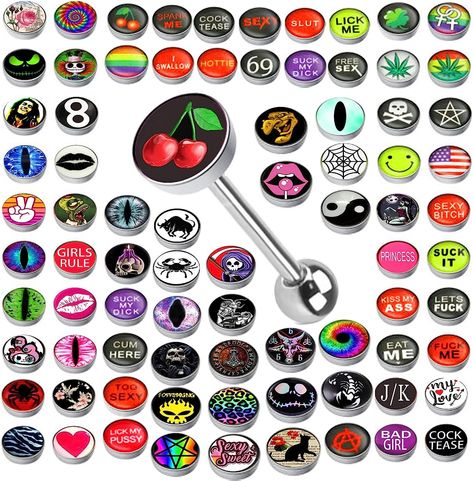 Lot of Surgical Steel Metal Tongue Rings Barbells Funny Nasty Wordings Picture Logo Signs 14g - Length 5/8" or 16mm Cute Tongue Piercing Jewelry, Cute Tongue Piercing, Dream Piercings, Body Enhancement, Tongue Piercing Jewelry, Tongue Piercings, Random Guy, Bellybutton Piercings, Tongue Ring