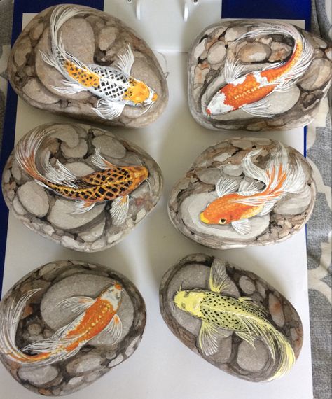 Koi Fish Rock Painting, Dry Pond, Painted Rock Fish, Painted Koi Fish On Rocks, Painted Rocks Fish, Painted Rocks Fish Easy, River Stones Crafts, Nature Pond, Madeira Beach Florida