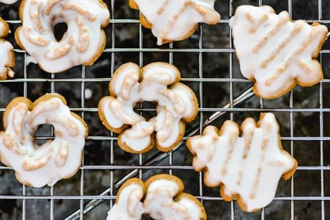 Glazed Gingerbread Spritz Cookies - The View from Great Island Glazed Gingerbread, Spritz Cookie Press, Nordic Food, Spritz Cookie Recipe, Cookie Presses, Dessert Christmas, Cookie Glaze, The View From Great Island, German Cookies