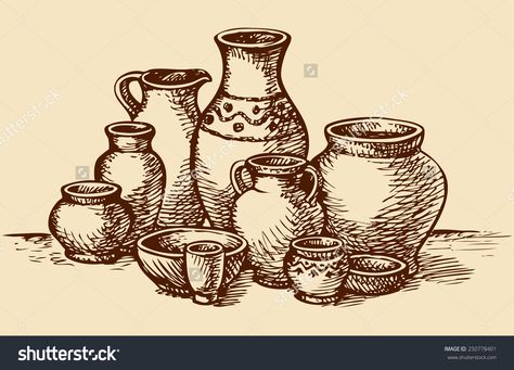 Pottery Drawing, Bible Tattoos, Pottery Lessons, Clay Jar, Painted Clay Pots, Pottery Workshop, Object Drawing, Hand Drawn Vector Illustrations, Vector Sketch