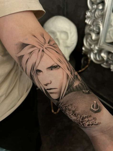 Cloud Strife Tattoo, Final Fantasy Vii Tattoo, Ffvii Tattoo, Ff7 Tattoo, Ffvii Cloud, Prompto Ffxv, Cloud Strife Art, Final Fantasy Tattoo, Scene Tattoo