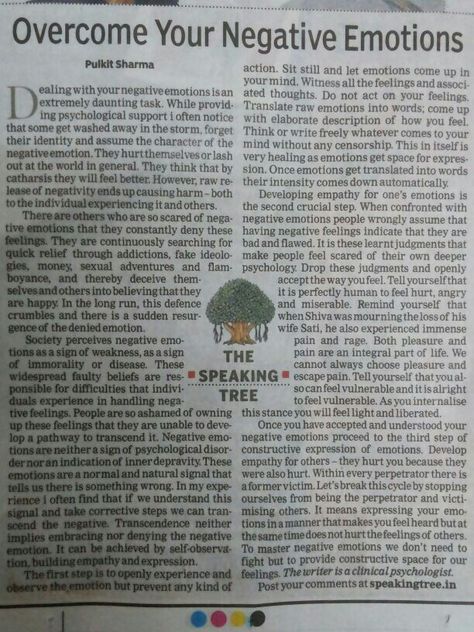 Overcome your negative emotions - Pulkit Sharma ( Clinical Psychologist ) This article has helped me and many of my friends with whom I shared. Hope it helps you too :) The Speaking Tree, Inspirational Paragraphs, Ancient Wisdom Quotes, Spiritual Awakening Quotes, Reading Comprehension Lessons, Devotional Reading, Reflection Quotes, Gita Quotes, Best Quotes From Books