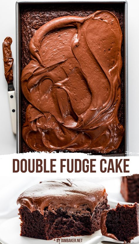 A double fudge cake, mostly frosted, with a spatula on the side.  A piece of cake with a bite taken out sits on a white plate.