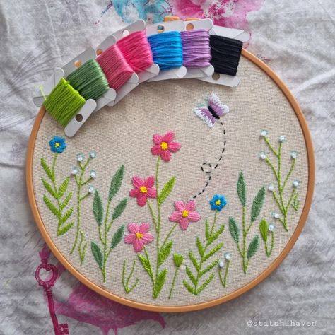 #butterfly #flowers #embroidery #pink #field #nature #hoopart #handembroidery #sewing #embroider Field Embroidery, Pink Field, A Field Of Flowers, Flowers Embroidery, Field Of Flowers, Embroidered Art, Creative Embroidery, Butterfly Flowers, Hoop Art