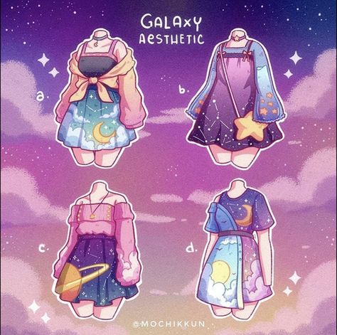 Star Based Character Design, Moon Themed Outfits Drawing, Galaxy Clothes Drawing, Galaxy Hair Drawing, Slime Outfit, Character Clothing Ideas, Star Themed Outfits, Chibi Outfits, Vtuber Ideas