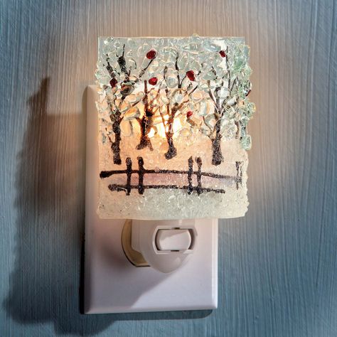 Recycled Glass Winter Scene Nightlight (Preorder) | Uno Alla Volta Nite Lights, Pottery Sale, Glass Fusion Ideas, Fused Glass Artwork, Murano Glass Necklaces, Fused Glass Ornaments, Glass Fusing Projects, Snow Covered Trees, Murano Glass Jewelry