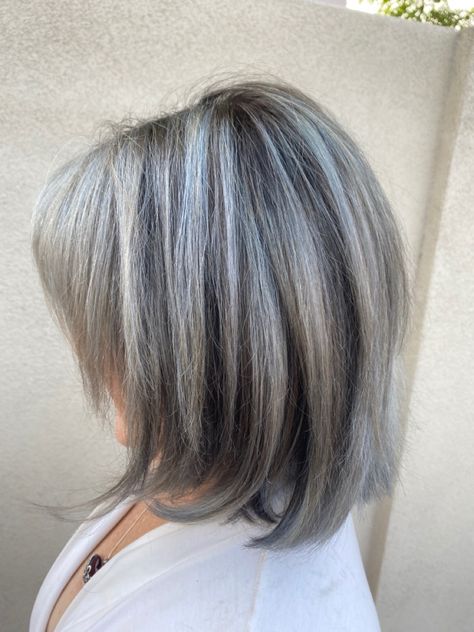 Grey Hair Highlights Brunettes, Gray Blending Hair Highlights Ash Blonde, Grey Hair With Brown Lowlights, Grayish Blonde Hair, Silver Hair Color Formula, Silver Hair Ideas, Hair Lowlights, Gray Blending, Silver Hair Highlights