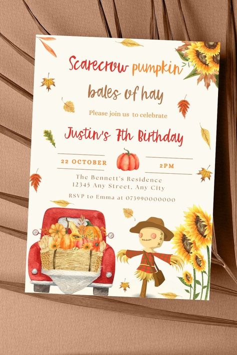 Birthdays are special! Looking to bring your family and friends together to celebrate hitting another milestone and need some invitations? Look no further! These adorable, digital, Editable Pumpkin Birthday Party Invitations are the ones for you! Enjoy and send this Scarecrow Fall Pumpkin Sunflowers Birthday Invite, Boy Rustic Pumpkin Truck Card, Pumpkin Patch Invite, Instant Download Template today! Sunflowers Birthday, Pumpkin Birthday Party, Pumpkin Birthday Parties, Pumpkin Birthday, Rustic Pumpkin, Pumpkin Truck, Birthday Invite, 7th Birthday, Text Design