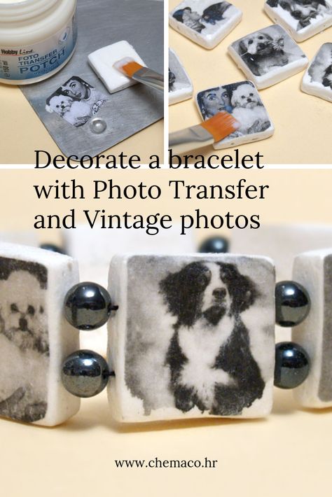 Bracelet with vintage photos! Great idea for that old-fashioned look! We used Foto Transfer Potch to transfer black and white photos to beads we made from modelling clay. Connect them and your bracelet is finished! Photo Transfer To Clay, Diy Photo Transfer, Modelling Clay, Foto Transfer, Easy Arts And Crafts, Photo Transfer, Black And White Photos, Clay Ornaments, Modeling Clay