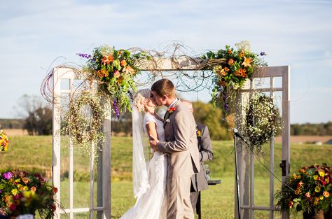 Flower-Covered White Door Wedding Arbor Door Arbor, Backyard Tent Wedding, Christmas Mini Shoot, Old Fashioned Wedding, Backyard Tent, Crop Insurance, A Country Wedding, Arbor Wedding, Wedding Arbors