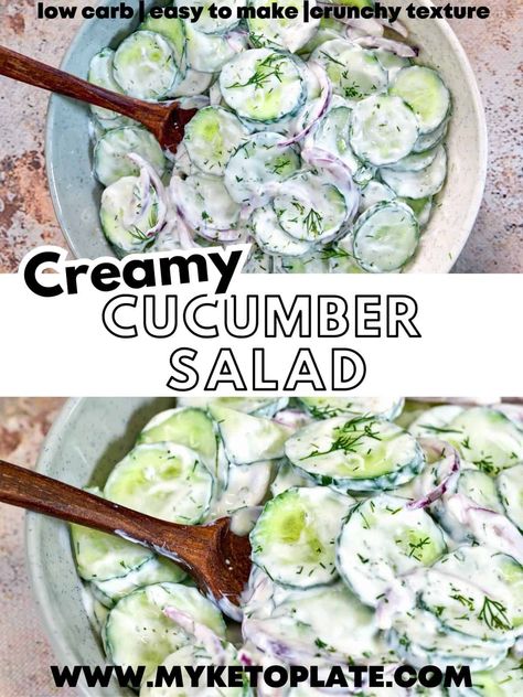 Refreshing, tasty, healthy, and made from easy-to-find ingredients, this creamy cucumber salad recipe is the perfect choice for those moments when you need a quick and delicious side dish recipe. Low Cal Cucumber Salad, Cucumber Salad Cream Cheese, Keto Cucumber Salad, Cucumber Salad Healthy, Simple Cucumber Salad, Cucumber Recipes Healthy, Cucumber Salad Recipes, Easy Cucumber Salad, Cucumber Salad Recipe