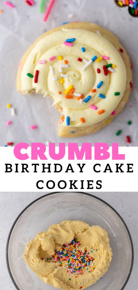 Birthday Cake Crumbl Cookie Copycat, Crumbl Cake Batter, Crumbl Funfetti Cookies, Crumbl Cookie Copycat Cake Batter, Crumbl Cookie Birthday Cake, Birthday Cake Crumble Cookies, Crumbl Cream Cheese Frosting, Crumble Birthday Cake Cookie, Crumbles Cookies