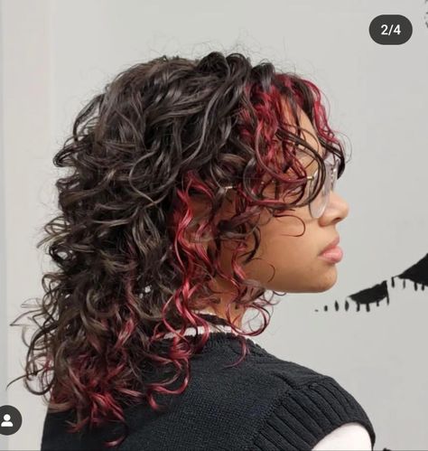 Curly Brown Hair Dye Ideas, 2c Hair Color Ideas, Curly Peekaboo Highlights, Curly Hair Red Underneath, Red And Black Peekaboo Hair Curly, Red Hair Highlights Curly Hair, Chunky Red Highlights Curly Hair, Under Layer Hair Dye Curly, Brown Curly Hair Dye Ideas