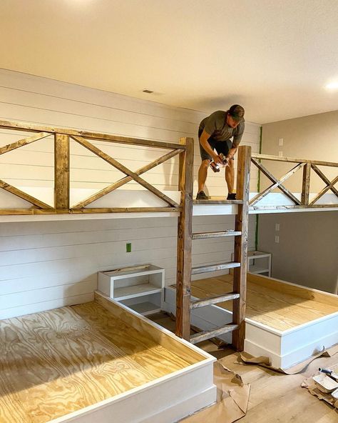 Bonus Room With Built In Bunk Beds, Bunk Living Room, Diy Built In Bunk Beds With Stairs, Diy Bunk Room Ideas, Full Size Bunk Bed Built In, Bunk Room In Basement, Bunk Room Loft, Built In Bunk Beds With Slide, Built In Bunk Room Ideas