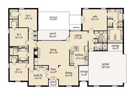 House Plan 56254 - One-Story Style with 2349 Sq Ft, 5 Bed, 3 Bath | COOLhouseplans.com Single Story House Floor Plans, Floorplan Ideas, 5 Bedroom House Plans, Affordable House Plans, European House Plans, European House Plan, Monster House Plans, European House, Tudor House