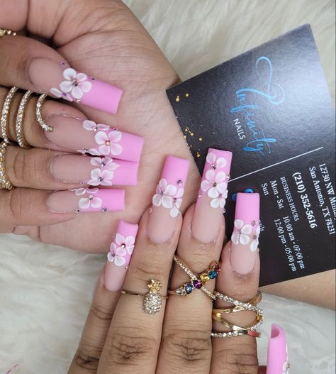 Acrylic Flower Painting Nails, Long French Tip Nails With 3d Flowers, Pink Acrylic Nails 3d Flowers, 3d Flower Nails Acrylics Glitter, Baddie Nails Acrylic 3d Flowers, Frenchies With Flowers Nails, Long Acrylic Nails 3d Flower Pink, 3d Nail Designs, 3d Flower Nails