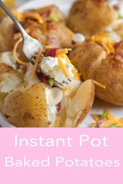 Incredibly comforting Instant Pot Baked potatoes from Preppy Kitchen are ready in under half an hour! Fluffy on the inside with a crispy skin, serve these potatoes as a simple side dish or load them up with your favorite toppings! #instantpot #bestbakedpotatoes #instantpotpotatoes Baked Potato Instant Pot, Potato Instant Pot, Instant Pot Baked Potatoes, Potatoes In The Instant Pot, Baked Potato Bar, Perfect Baked Potato, Making Baked Potatoes, How To Make Potatoes, Potato Toppings