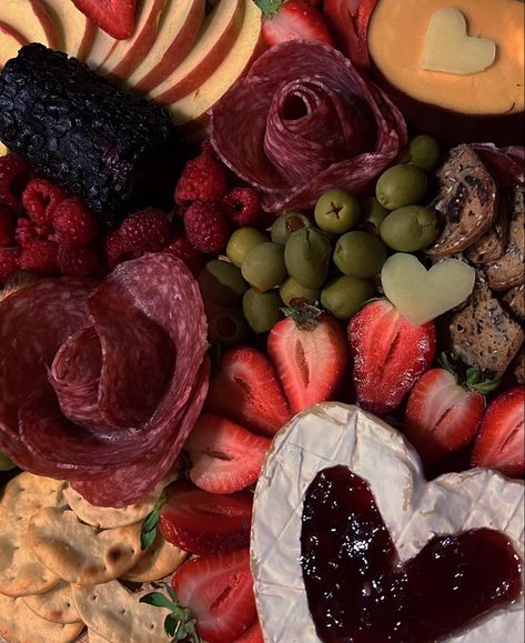 Charcuterie board inspiration hosting Valentine’s Day galentines dinner party inspo decorated cheese salami food recipe Strawberry Fig Jam, Valentines Day Charcuterie, Heart Shaped Cheese, Cranberry Goat Cheese, Fig Jam, Wine And Dine, Grape Leaves, Goat Cheese, Mocktails