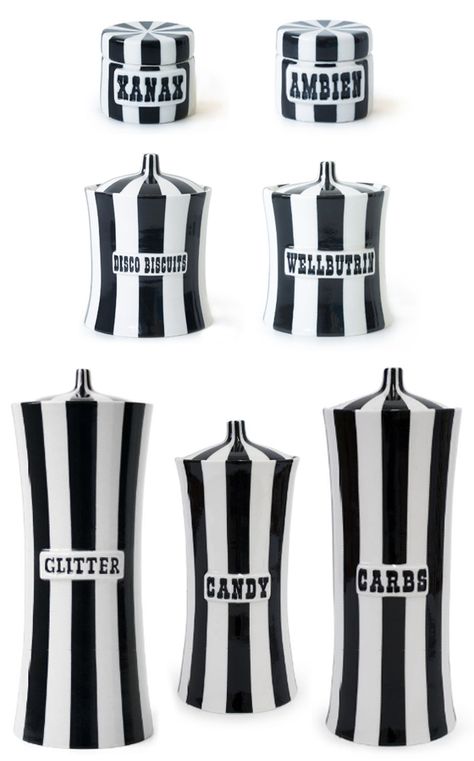 Oh Jonathan Adler, so clever and snarky. Loving his new collection of candid canisters that put your vice on... Art Design Inspiration, Goth Home, Education Design, Kitchen Canisters, Gothic Decor, Jonathan Adler, Gothic House, Celebrity Houses, Canisters