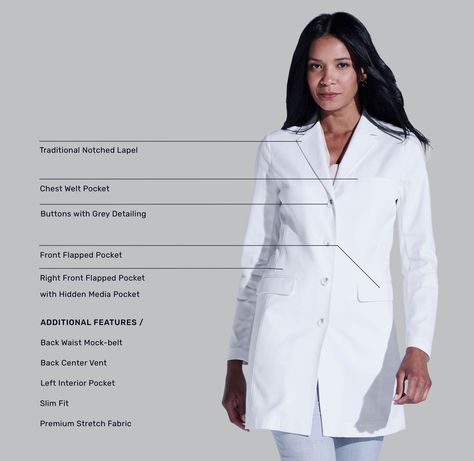 Rebecca Women's Slim Fit Premium Stretch Lab Coat | Medelita Stretch Lab, Nursing Scrubs Outfits, Women's Lab Coats, Women's Lab Coat, Doctor Coat, Scrub Suit, Popped Collar, Doctor Outfit, Nursing Scrubs