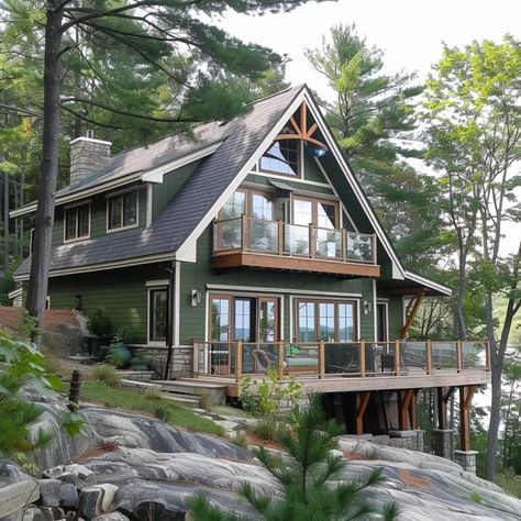 Pnw Craftsman Home, Secluded Beach House, Exterior Lake House, Green Lake House, Lake Cabin Exterior, Brown Roof House Colors, Adirondack House, Cottage Deck, Lake Front House Plans